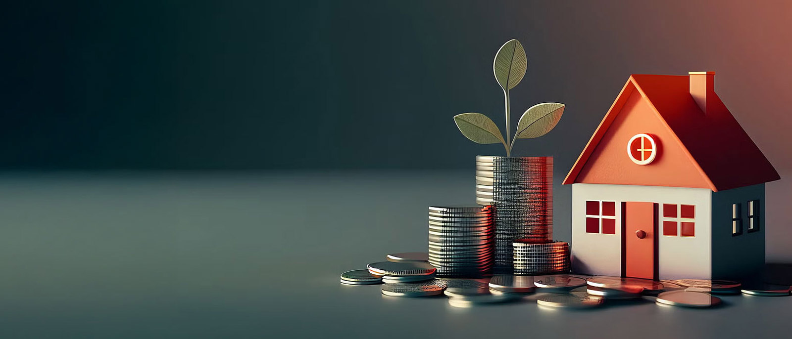 Conceptual photo of a home surrounded by piles of coins.