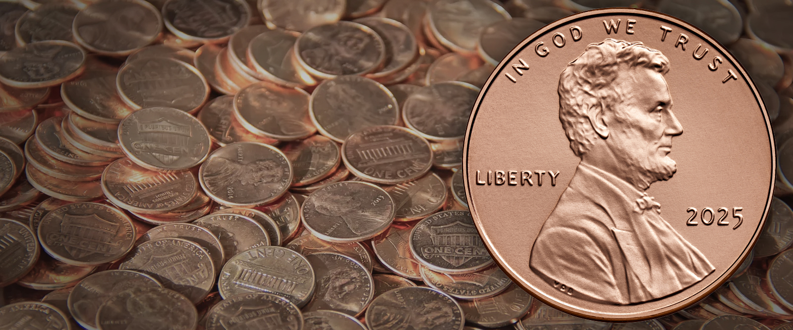 A composite photo of a pile of assorted pennies in the background with a shiny new 2025 penny in the foreground.