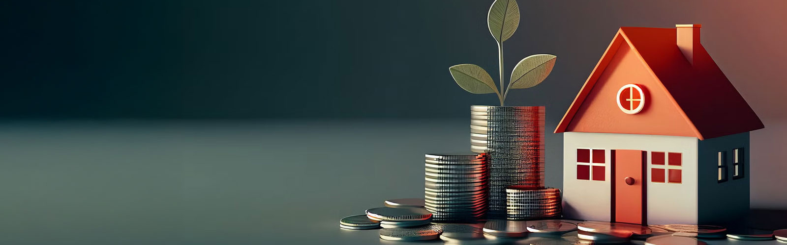 A conceptual image of a toy house surrounded by stacks of coins.
