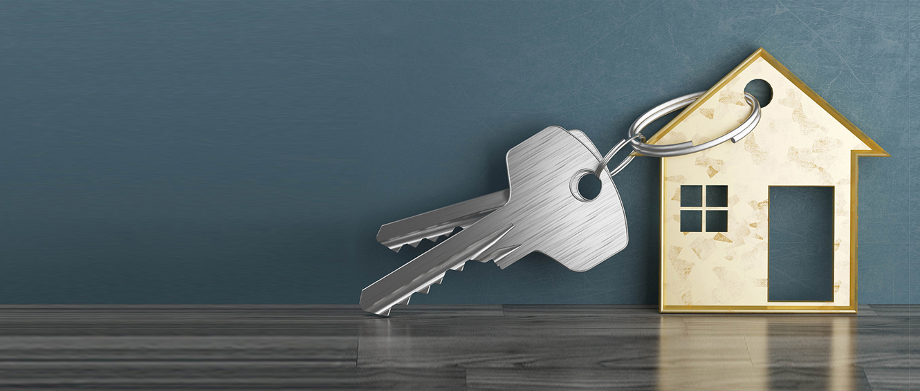 A set of keys on a keychain shaped like a house.