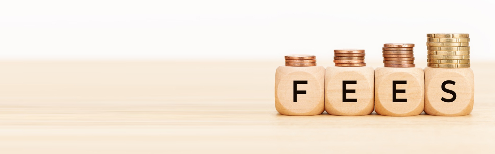 A conceptual photo od wooden blocks spelling out the word "FEES" with small stacks of coins on top of each block.