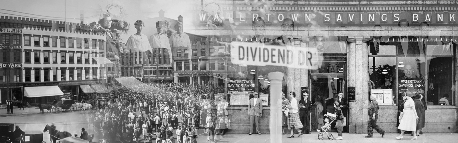 A collage of black and white photos of WSB and Watertown from the 1890's through the 1950's.