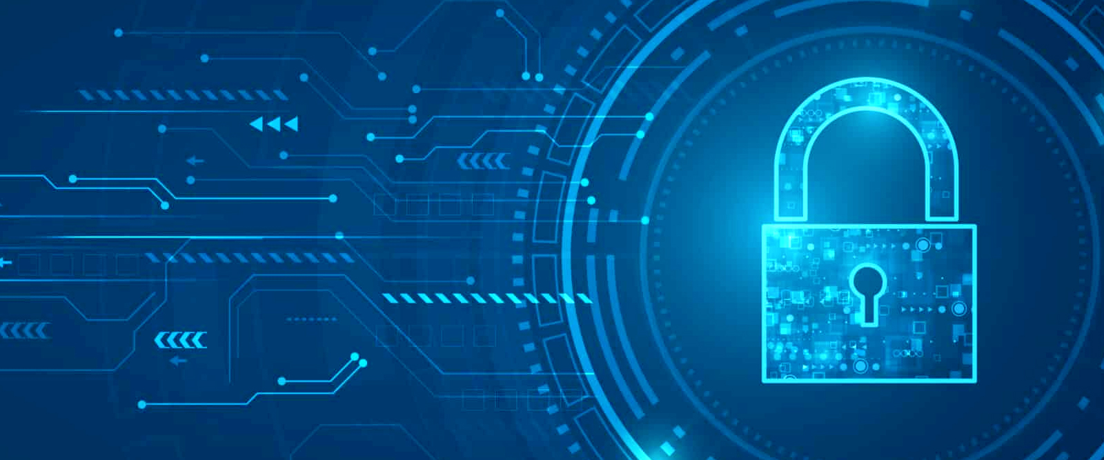 A conceptual image of a digital padlock set against a blue background with digital symbols.