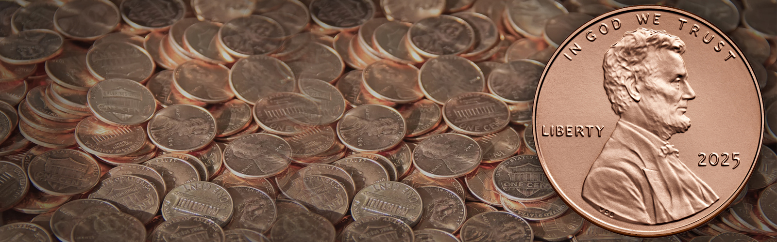 A composite photo of a pile of assorted pennies in the background with a shiny new 2025 penny in the foreground.