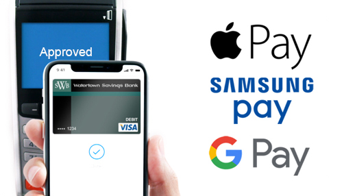 Smart phone with the WSB Debit Card stored in the virtual wallet.  Works with Apple Pay, Samsung Pay and Google Pay.